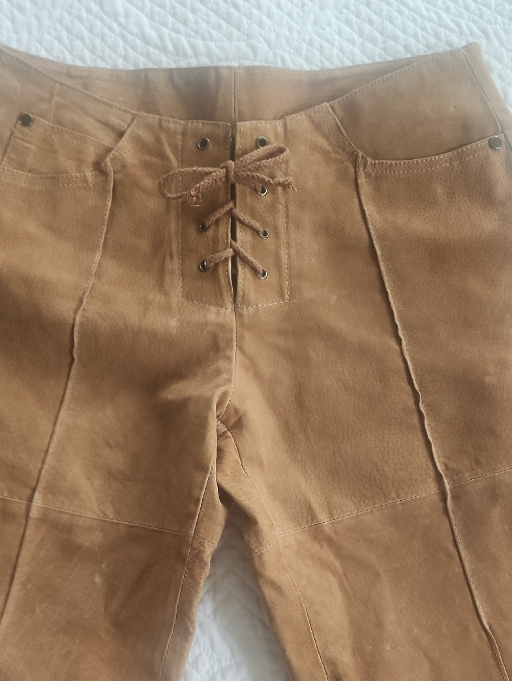 Suede 100% Leather Shell Lace-Up Mid Waist Pants in Camel Size 7